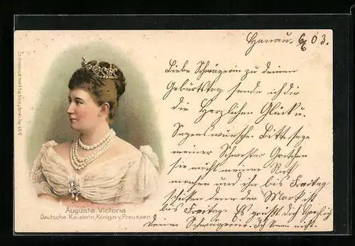 Lithographie Kaiserin Auguste Victoria Königin von Preussen mit Perlenschmuck