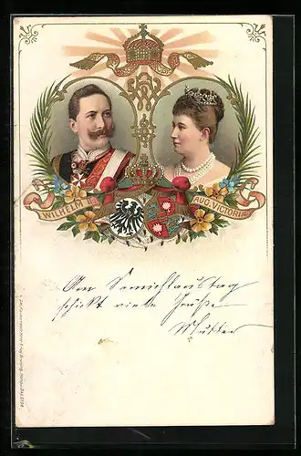 Lithographie Kaiser Wilhelm II. mit Kaiserin Auguste Victoria Königin von Preussen, Wappen