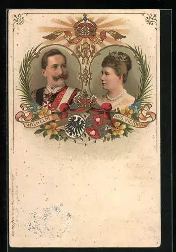 Lithographie Kaiser Wilhelm II. mit Kaiserin Auguste Victoria Königin von Preussen, Wappen