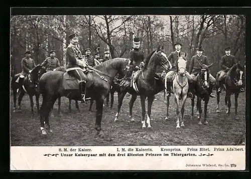 AK Berlin, Das Kaiserpaar mit den drei ältesten Kronprinzen im Tiergarten