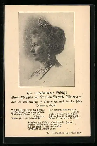 AK Kaiserin Auguste Victoria, Portrait und Gedicht