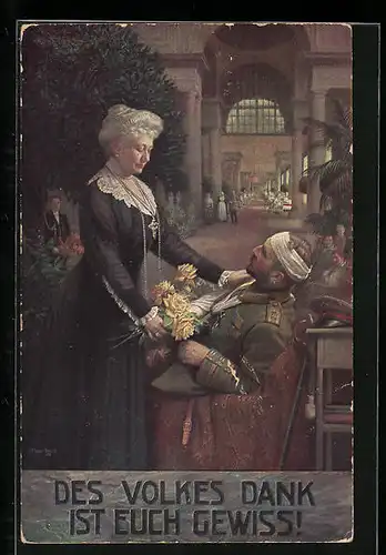 AK Kaiserin Auguste Victoria und ein verletzter Soldat, Wohlfahrts-Karte