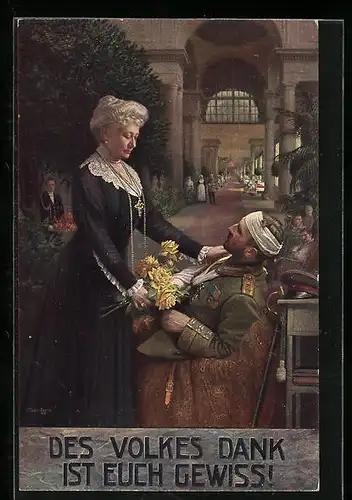 AK Wohlfahrts-Karte, Kaiserin Auguste Victoria und ein verletzter Soldat
