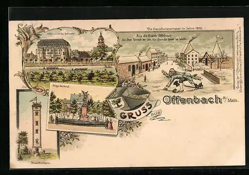 Lithographie Offenbach a. Main, Schloss, Kriegerdenkmal und Aussichtsturm