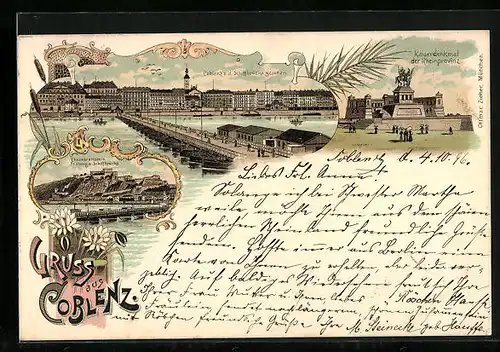 Lithographie Coblenz, Kaiserdenkmal der Rheinprovinz, Ehrenbreitstein, Festung und Schiffbrücke