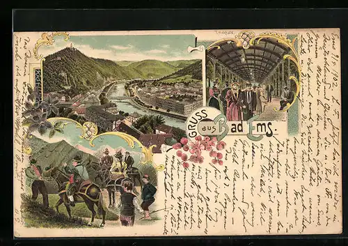 Lithographie Bad Ems, Totalansicht, Trinkhalle