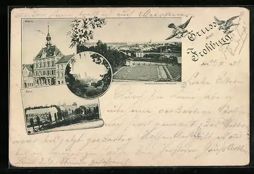AK Frohburg, Rathaus, Schloss, Bklick vom Schlosspark