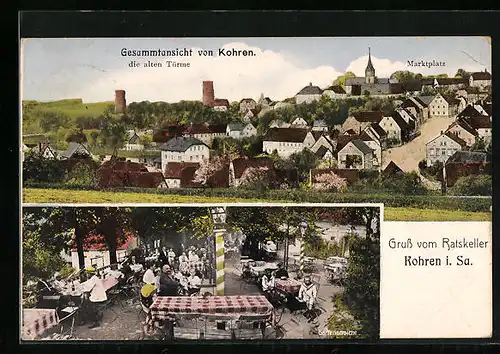 AK Kohren, Gasthaus Ratskeller, Gesamtansicht, Die alten Türme