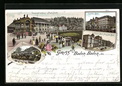 Lithographie Baden-Baden, Conversationshaus, Musikkiosk, Landes-Bad u.Trinkhalle