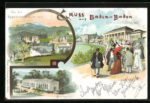 Lithographie Baden-Baden, Conversationshaus, Blick von der Kapuzinerstrasse aus, Trinkhalle