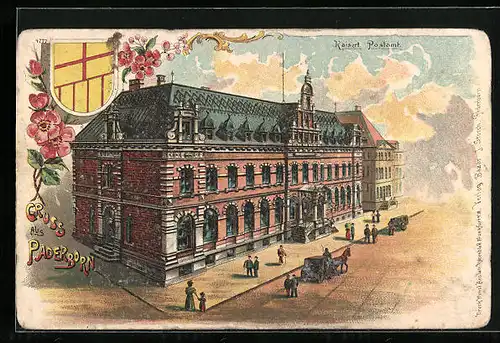 Lithographie Paderborn, Kaiserliches Postamt, Wappen