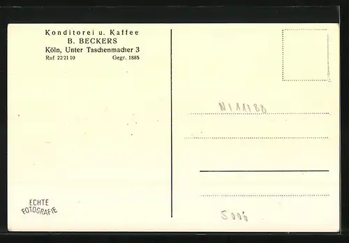 AK Köln, Konditorei u. Kaffee B. Beckers, Unter Taschenmacher 3, Innenansicht