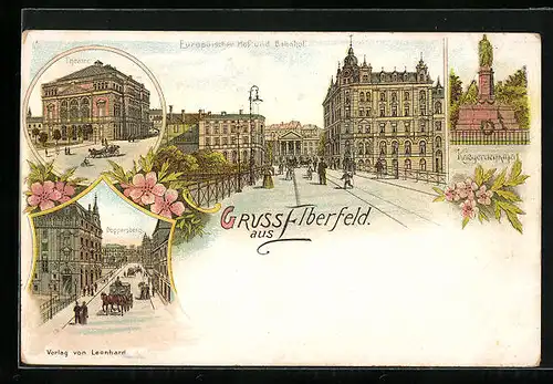 Lithographie Elberfeld, Europäischer Hof und Bahnhof, Döppersberg und Theater