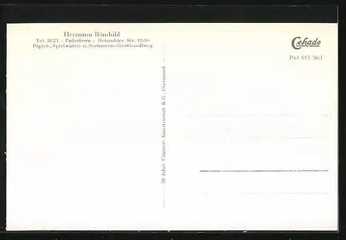 AK Paderborn, Papier-, Spielwaren- u. Sortiments-Grosshandlung Hermann Römhild, Detmolder Strasse 12-16