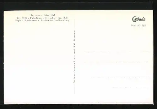 AK Paderborn, Papier-, Spielwaren- u. Sortiments-Grosshandlung Hermann Römhild, Detmolder Strasse 12-16