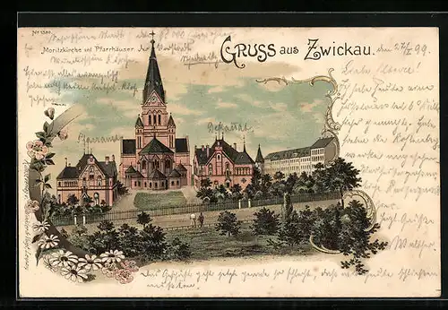 Lithographie Zwickau, Moritzkirche und Pfarrhäuser