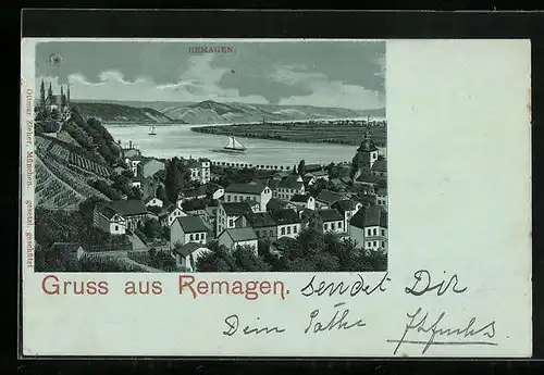 Lithographie Remagen, Ortsansicht aus der Vogelschau