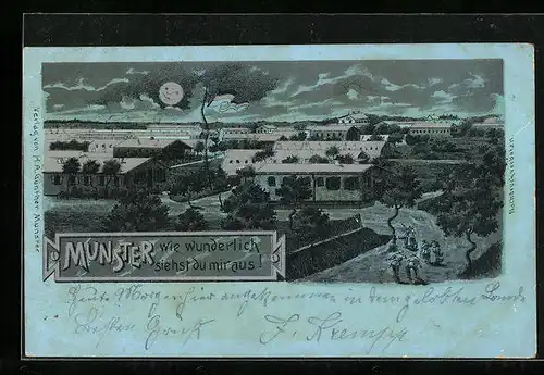 Mondschein-Lithographie Munster, Ortsansicht aus der Vogelschau