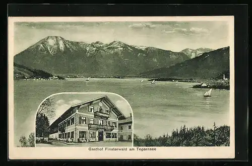 AK Finsterwald am Tegernsee, Panorama mit Bergen, Gasthof Finsterwald