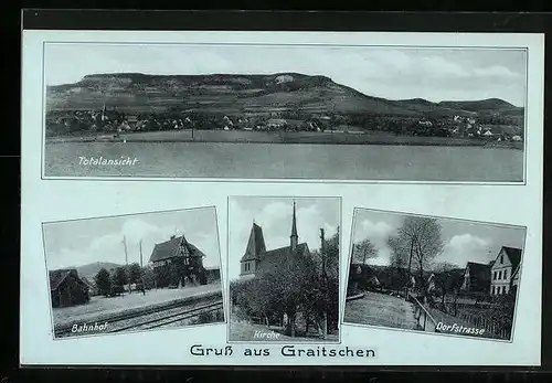 AK Graitschen, Totalansicht, Bahnhof, Kirche, Dorfstrasse