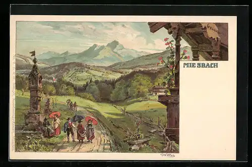 Lithographie Miesbach, Ortspartie mit Bergen