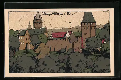 Steindruck-AK Altena i. W., Blick auf eine Burg