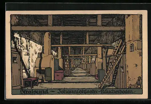 Steindruck-AK Stralsund, Johanniskloster, Räucherboden