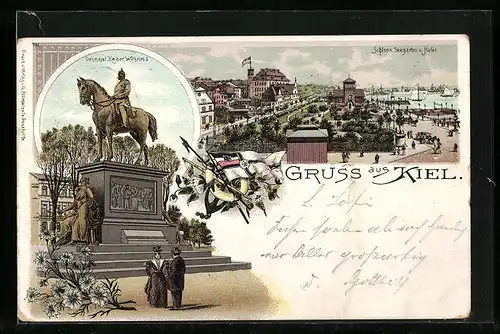 Lithographie Kiel, Denkmal Kaiser Wilhelm I., Schloss, Seegarten u. Hafen