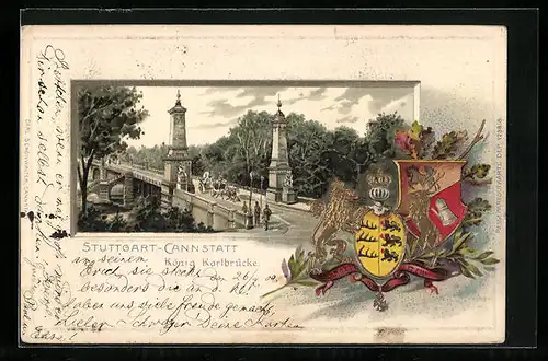 Präge-Lithographie Stuttgart-Cannstatt, König-Karlbrücke mit Wappen