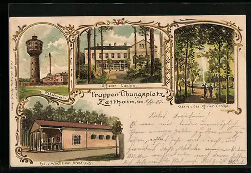 Lithographie Zeithain, Truppen-Übungsplatz, Garten d. Offizier-Casino, Wasserwerk
