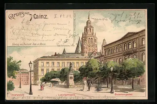 Lithographie Mainz, Theaterplatz, Ludwigstrasse, Gutenbergsplatz