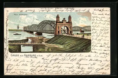 Lithographie Hamburg-Harburg a. Elbe, Neue Elbebrücke