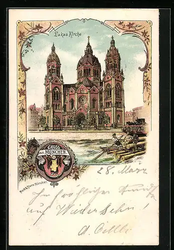 Lithographie München, Lukas Kirche, Münchner Kindl, Trockenblumen