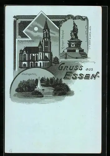 Lithographie Essen, Kreuzeskirche, Krieger-Denkmal, Stadtgarten