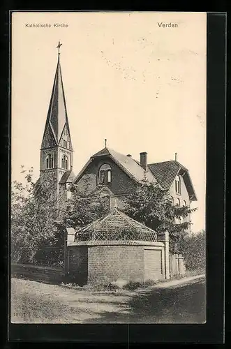 AK Verden, Blick auf die Katholische Kirche mit Pfarrhaus