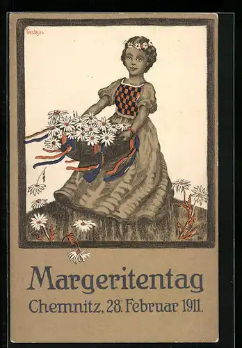 Künstler-AK Chemnitz, Margeritentag 28.02.1911, Mädchen mit Blumenkorb