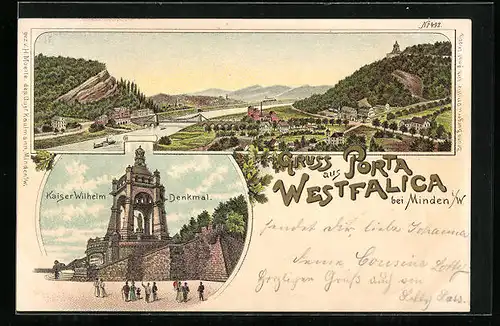 Lithographie Porta Westfalica, Ortsansicht, Kaiser Wilhelm Denkmal