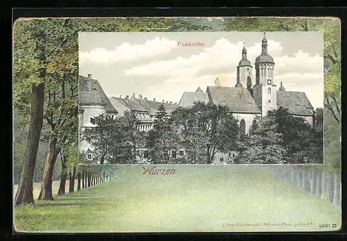 Passepartout-Lithographie Wurzen, Ortsansicht mit Domkirche, Waldmotiv