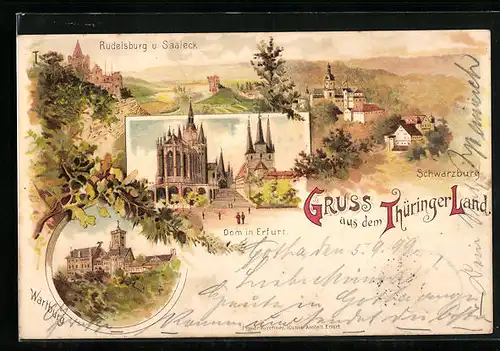 Lithographie Erfurt, Dom, Rudelsburg u. Saaleck, Schwarzburg, Wartburg