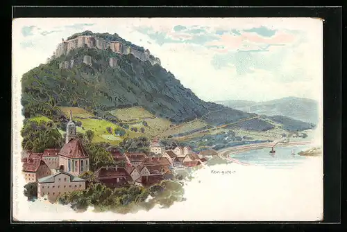 Lithographie Königstein, Ortsansicht mit Umland