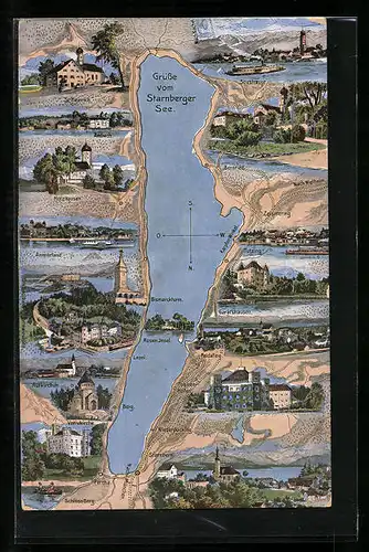 Künstler-AK Starnberg, Landkarte vom Starnberger See
