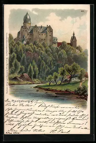 Lithographie Rochsburg, Blick zum Schloss