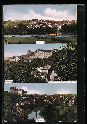 AK Colditz, Schloss mit Eingang vom Tiergarten, Ortsansicht