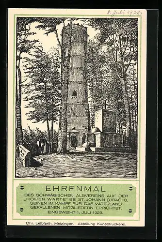 AK St. Johann /Urach, Ehrenmal für die Gefallenen des Schwäbischen Albvereins