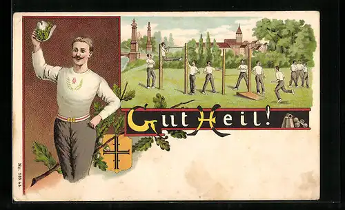 Lithographie Geräte-Turnen auf einer Wiese, Grüssender Turner mit Eichenlaub