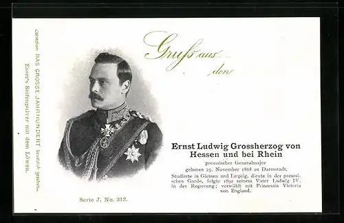 AK Ernst Ludwig Grossherzog von Hessen und bei Rhein, Portrait in Uniform