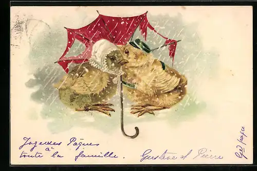 AK Osterküken-Paar sucht Schutz unter einem zerfetzten Schirm