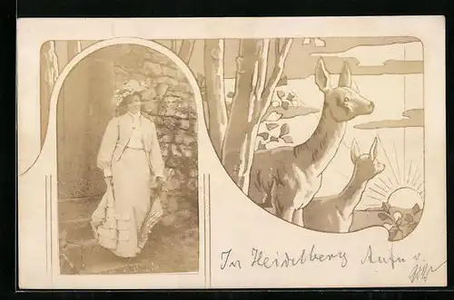 Foto-AK Elegante Dame, Rehe vor untergehender Sonne
