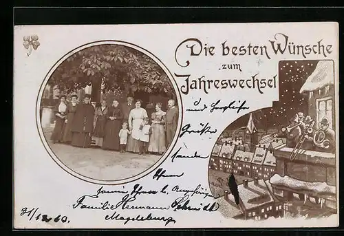 Foto-AK Gesellschaft in einem Park, Turmbläser, Neujahrsgruss