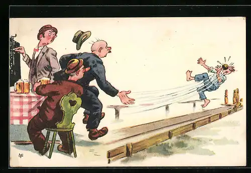 AK Verfehlter Wurf eines Keglers trifft Kegeljungen